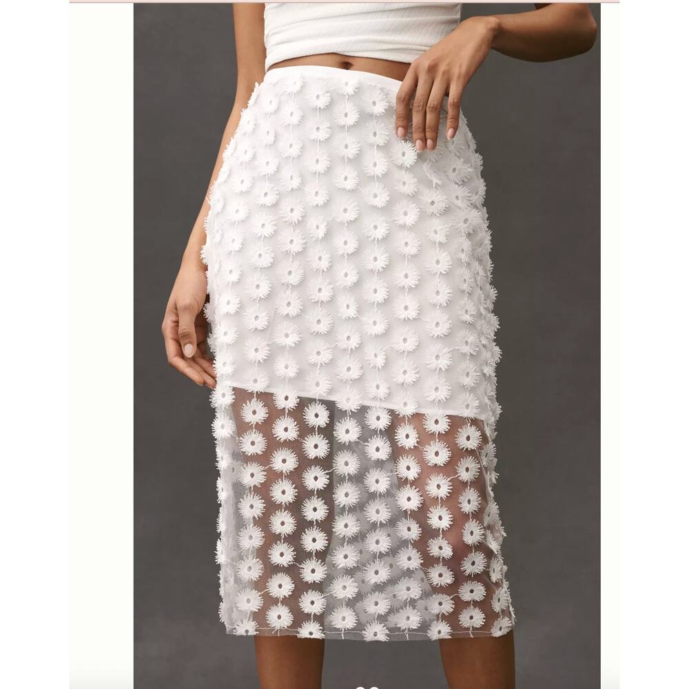 By Anthropologie 3D Texture Sheer Slip Midi Skirt | L, White Floral - Picture 3 of 8